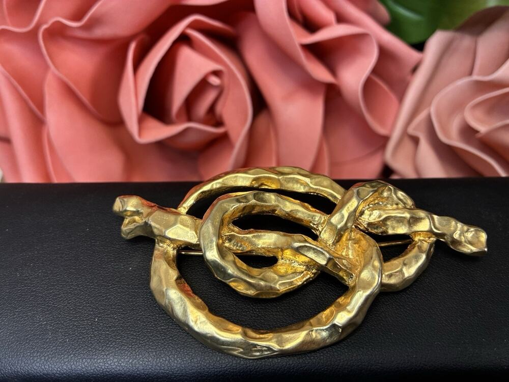 Vintage Abstract Hammered Gold Tone Modernist Statement Brooch Pin Made USA